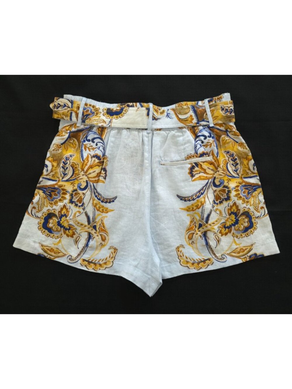 JOIE 100% Linen High-Waisted Lt Blue & Yellow Paisley Bohemian Belted Shorts L - Picture 2 of 7